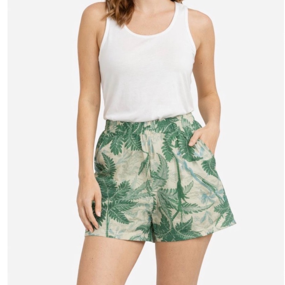 * H&M Womens Linen Blend Tropical Print Shorts Size S Green & White